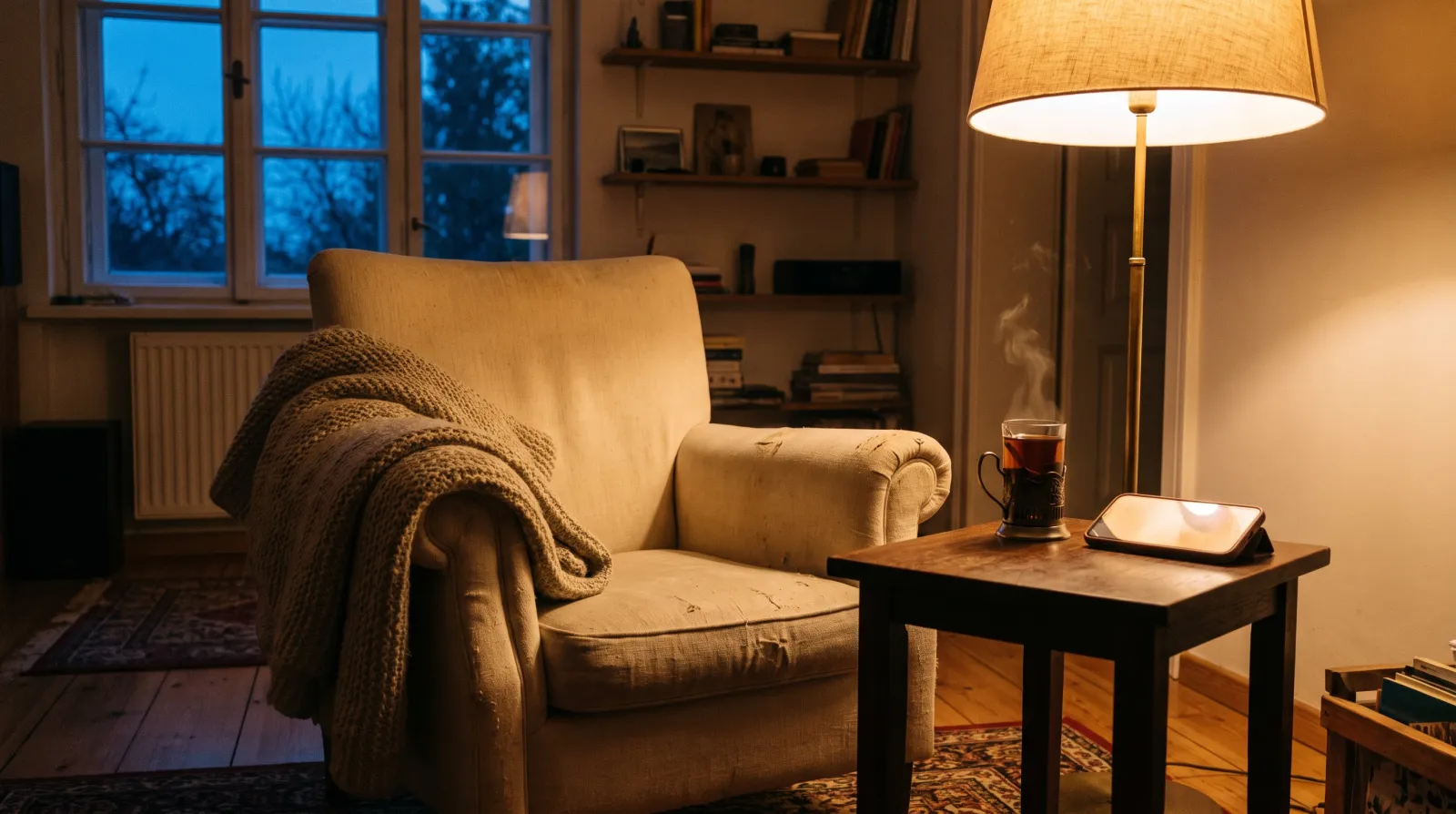 An empty armchair with a blanket by a lit lamp, a cup of tea and a phone beside it