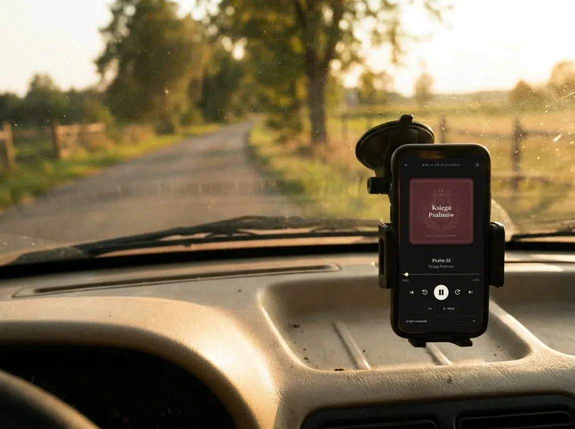 A phone in a windshield mount, a country road in morning light beyond it