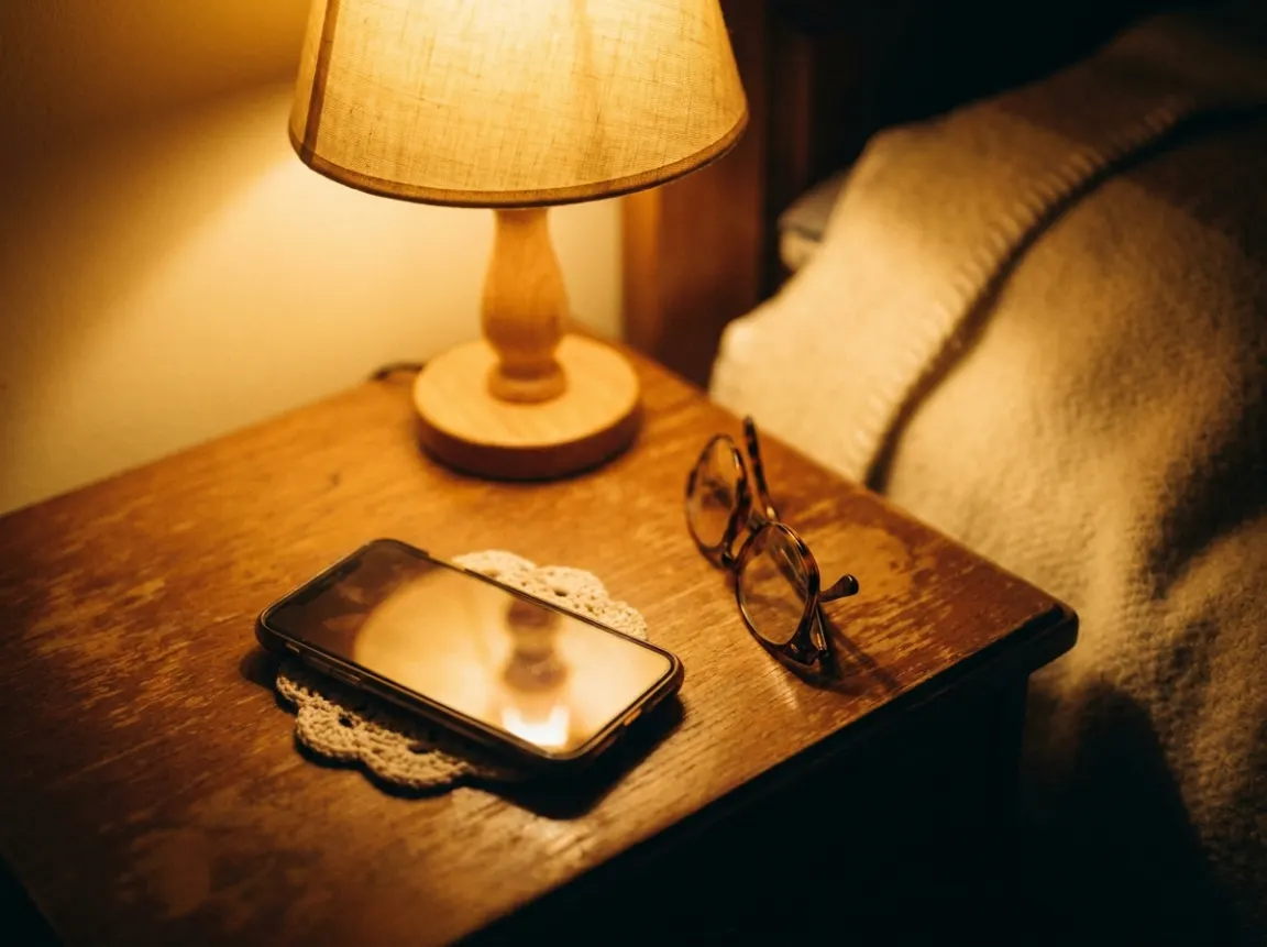 A bedside lamp, a phone and reading glasses on a wooden nightstand